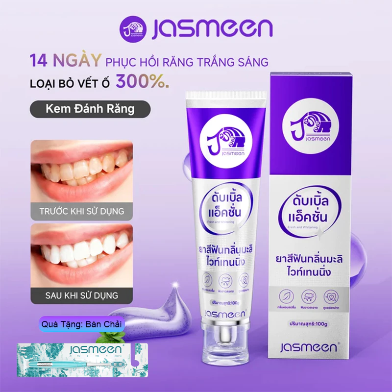 Kem Đánh Răng Làm Trắng Răng JASMEEN Thái Lan - Công Nghệ Tím Quang Học Đánh Bay Ố Vàng, Hơi Thở Thơm Mát 24H