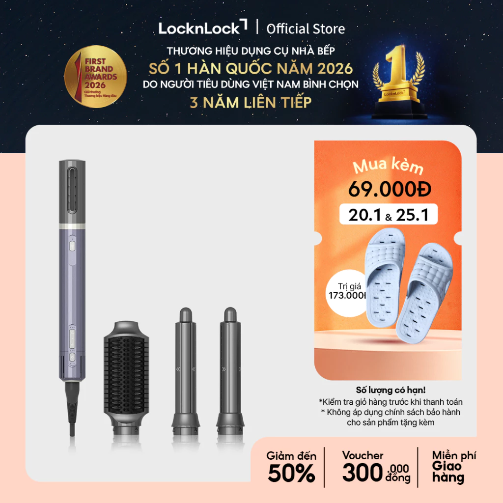 Máy sấy tạo kiểu LocknLock Multi hair styling dryer ENA526GRY 4 đầu sấy đa năng, công nghệ ion âm, động cơ BLDC