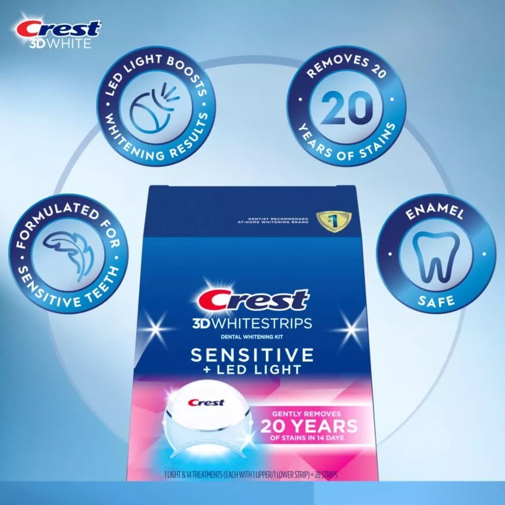 Miếng dán trắng răng Crest Sensitive + Led light Fullbox 14 gói dán và đèn trắng răng Crest