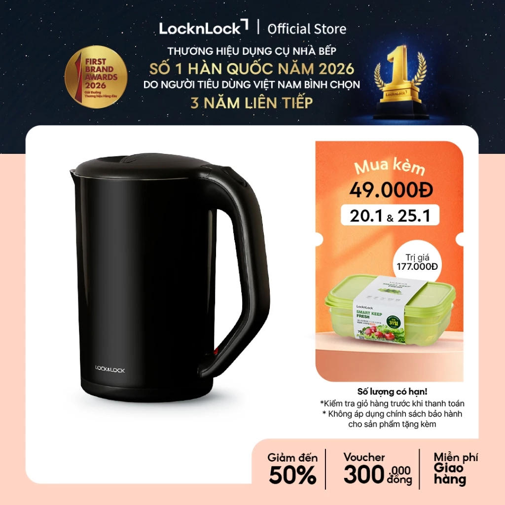 Ấm đun bằng thép không gỉ Lock&Lock, 1.7L màu đen EJK738BLK
