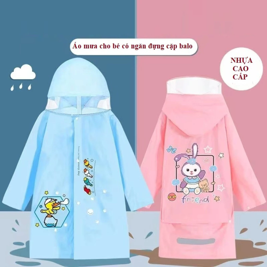 Áo mưa cho bé - Áo mưa trẻ em 4-13 tuổi cao cấp có tấm chắn, kiểu rộng đeo được ba lô, chất liệu an toàn cho bé - 3