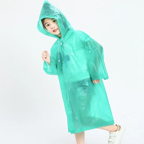 Áo Mưa Trẻ Em, Áo Mưa Trong Suốt Có Mũ Trùm Đầu Phối Nút Và Dây Rút Chống Nước Màu Trơn Cho Bé - 2