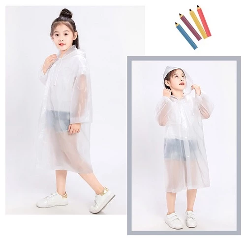 Áo Mưa Trẻ Em, Áo Mưa Trong Suốt Có Mũ Trùm Đầu Phối Nút Và Dây Rút Chống Nước Màu Trơn Cho Bé - 4
