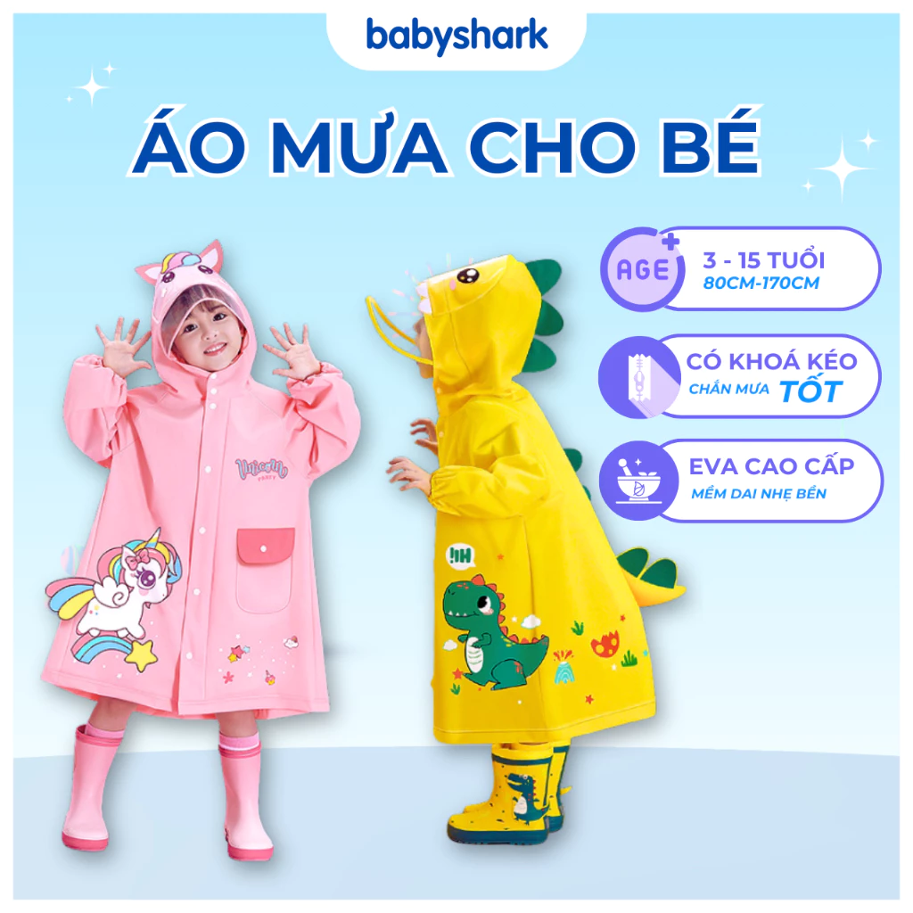 Áo mưa cho bé Babyshark cho bé trai bé gái có khóa kéo ngăn đựng cặp áo mưa trẻ em từ 2 đến 15 tuổi