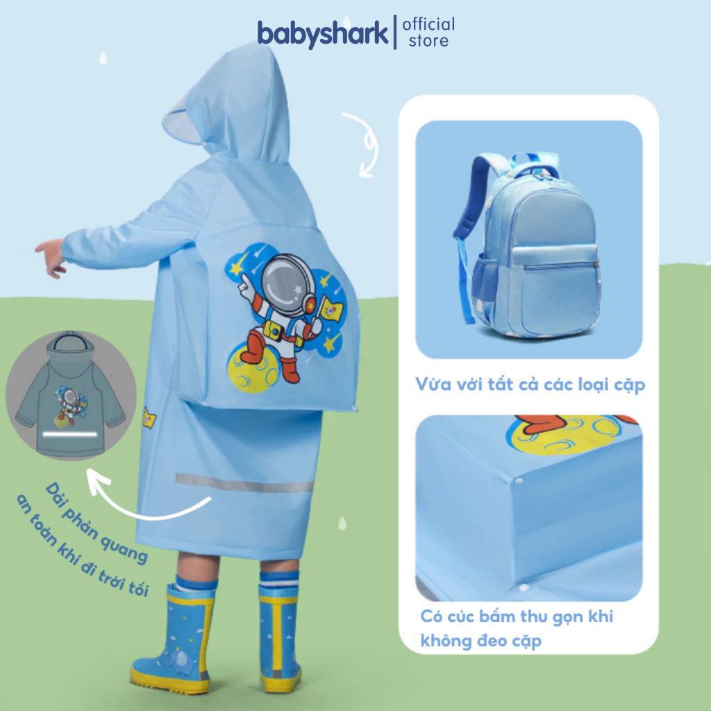 Áo mưa cho bé Babyshark cho bé trai bé gái có khóa kéo ngăn đựng cặp áo mưa trẻ em từ 2 đến 15 tuổi - 3