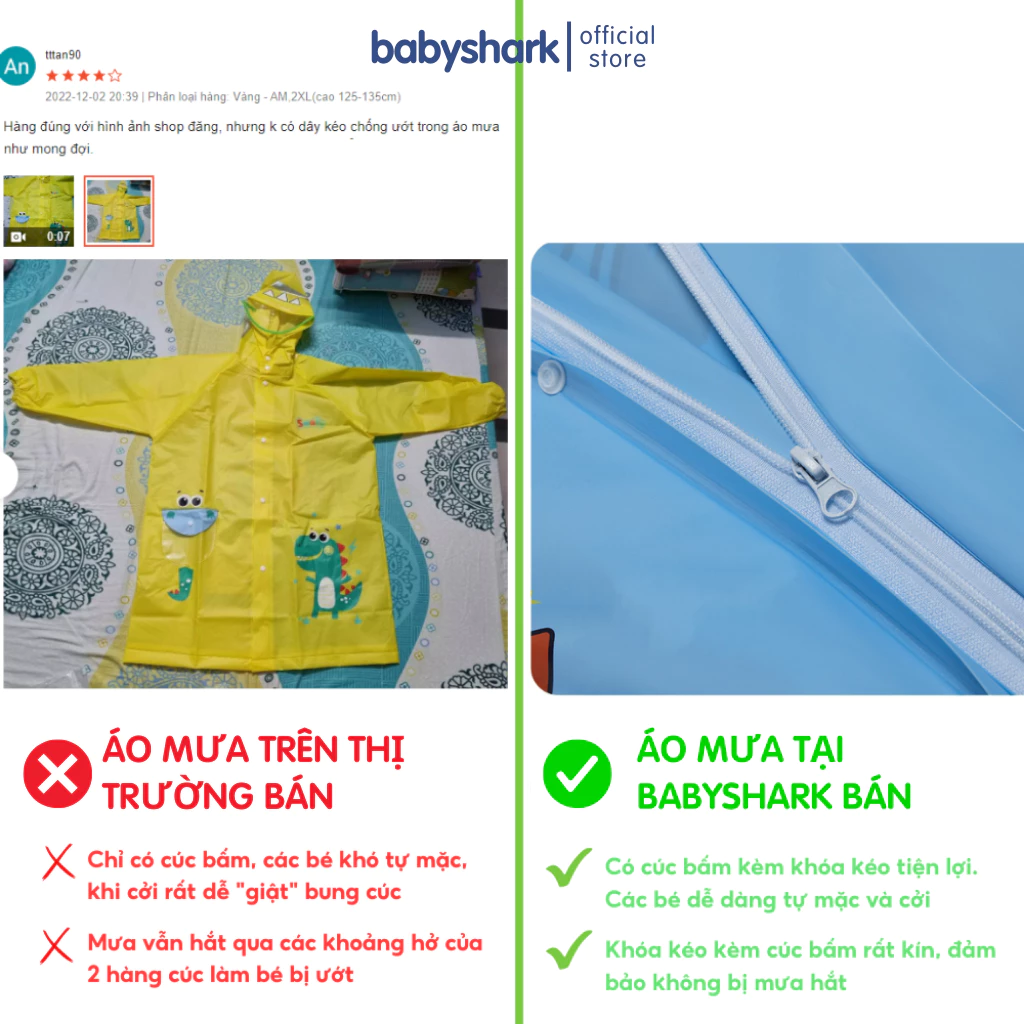 Áo mưa cho bé Babyshark cho bé trai bé gái có khóa kéo ngăn đựng cặp áo mưa trẻ em từ 2 đến 15 tuổi - 5