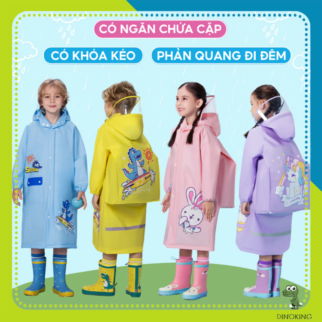 Áo mưa cho bé Babyshark cho bé trai bé gái có khóa kéo ngăn đựng cặp áo mưa trẻ em từ 2 đến 15 tuổi - 6