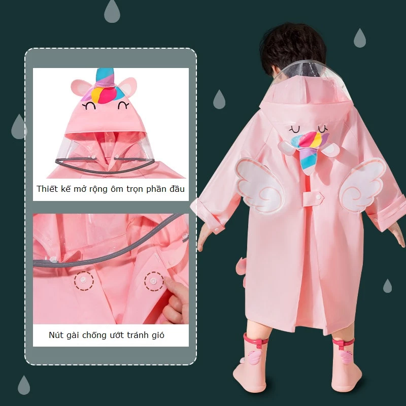 Áo mưa cho bé, áo mưa trẻ em cao cấp có mũ, thiết kế 3D cánh tiên, chất liệu EVA an toàn cho bé - 2