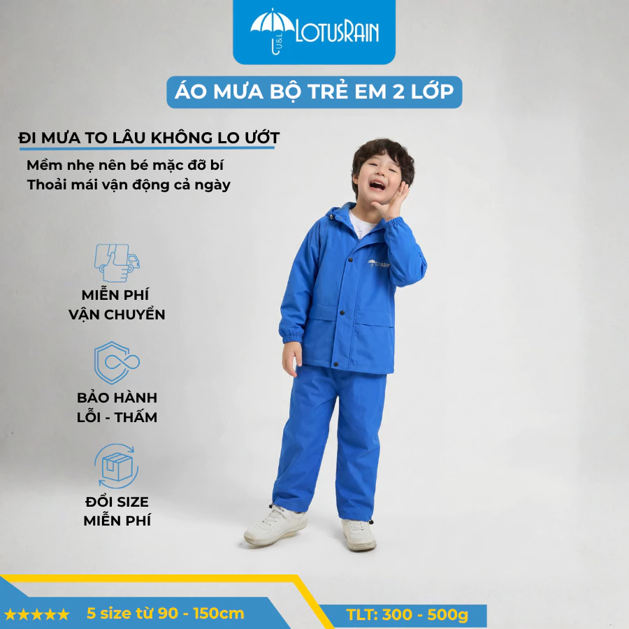 Áo Mưa Bộ Trẻ Em 2 Lớp Cho Bé 2-15 Tuổi, Đi Mưa To Lâu Không Lo Ướt, Mềm Nhẹ Nên Bé Mặc Đỡ Bí Và Thoải Mái Vận Động Cả N