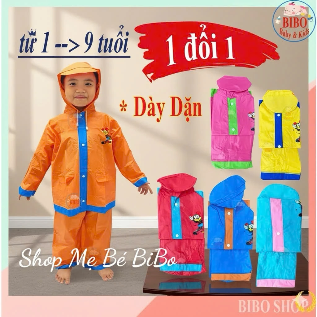 Áo mưa BỘ cho bé nhựa dày dặn, áo mưa cho bé nhựa chống thấm tốt, mặc kín, có size cho bé 1-9 tuổi