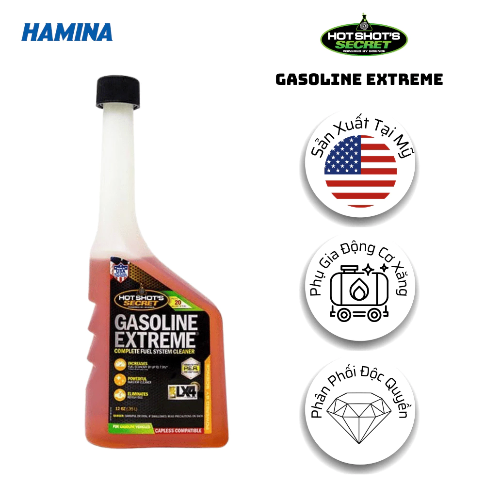 Gasoline Extreme - Phụ Gia Cho Xăng Vệ Sinh Kim Phun, Sạch Sâu Nhiên Liệu - Nhập Khẩu Mỹ - Hãng Hot Shot’s Secret