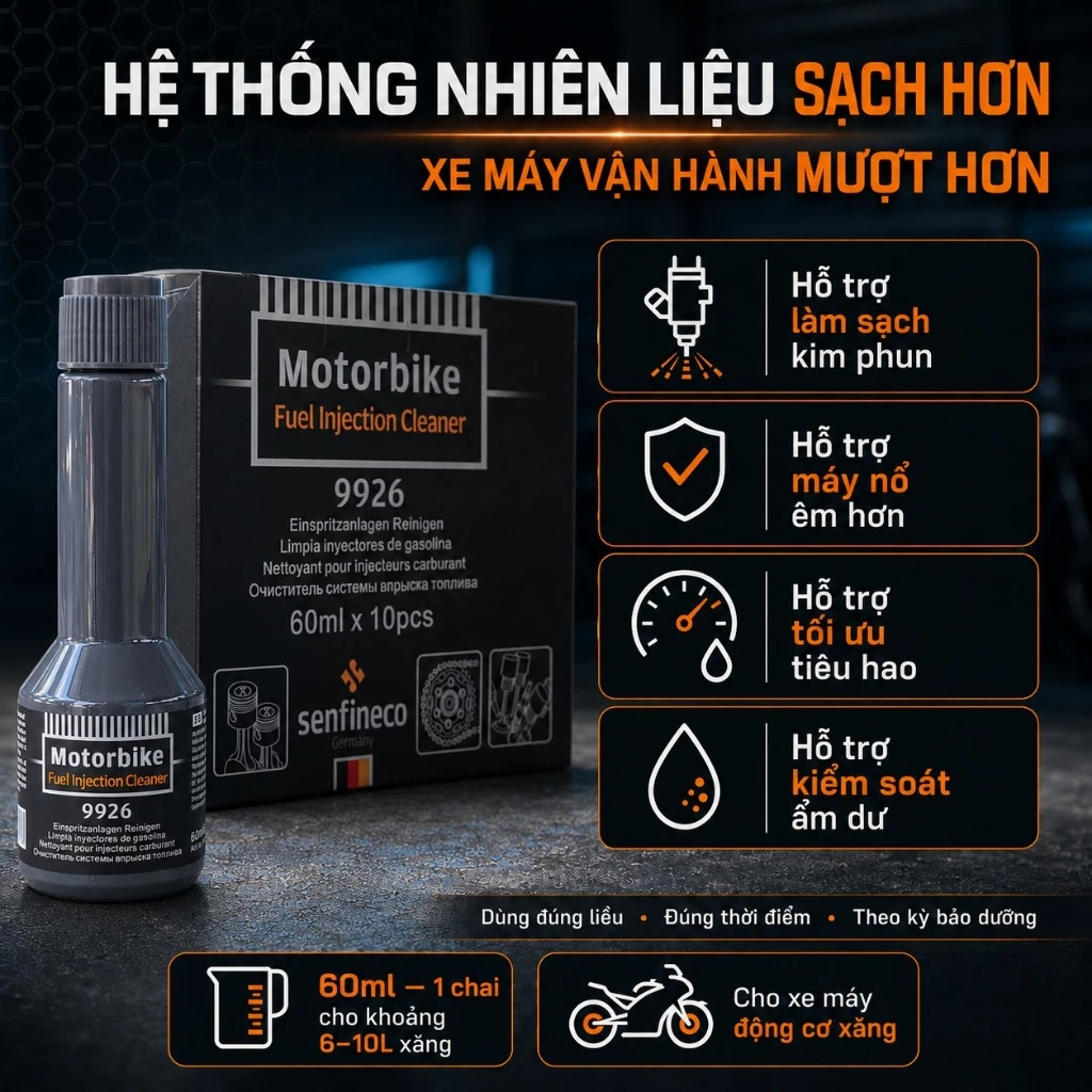 Dung dịch súc béc xăng Senfineco 9926 60ml - Vệ sinh kim phun xe máy, sạch buồng đốt, ổn định động cơ đi xăng E5 E10 - 4