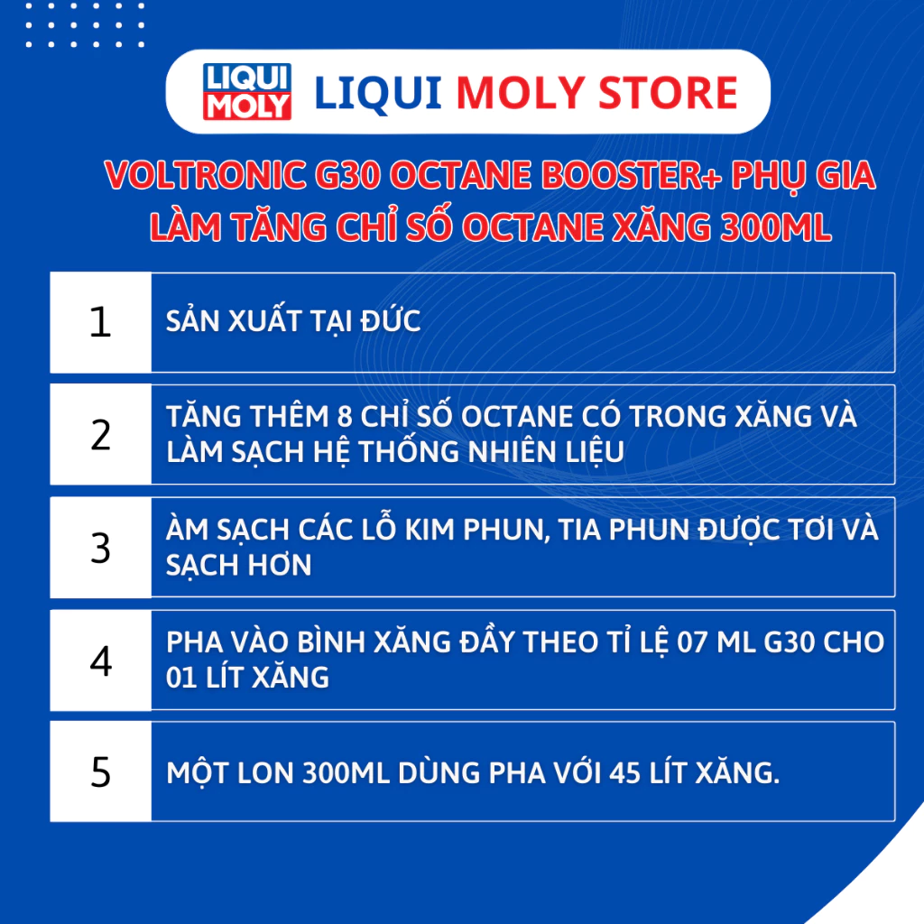 Voltronic G30 Octane Booster+ Phụ Gia Làm Tăng Chỉ Số Octane Xăng 300ml- Sản xuất tại Đức - 6