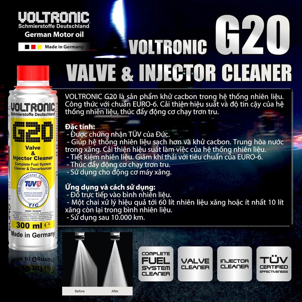 [CHÍNH HÃNG] Phụ gia xăng, Vệ sinh kim phun, buồng đốt VOLTRONIC G20 1L - 2