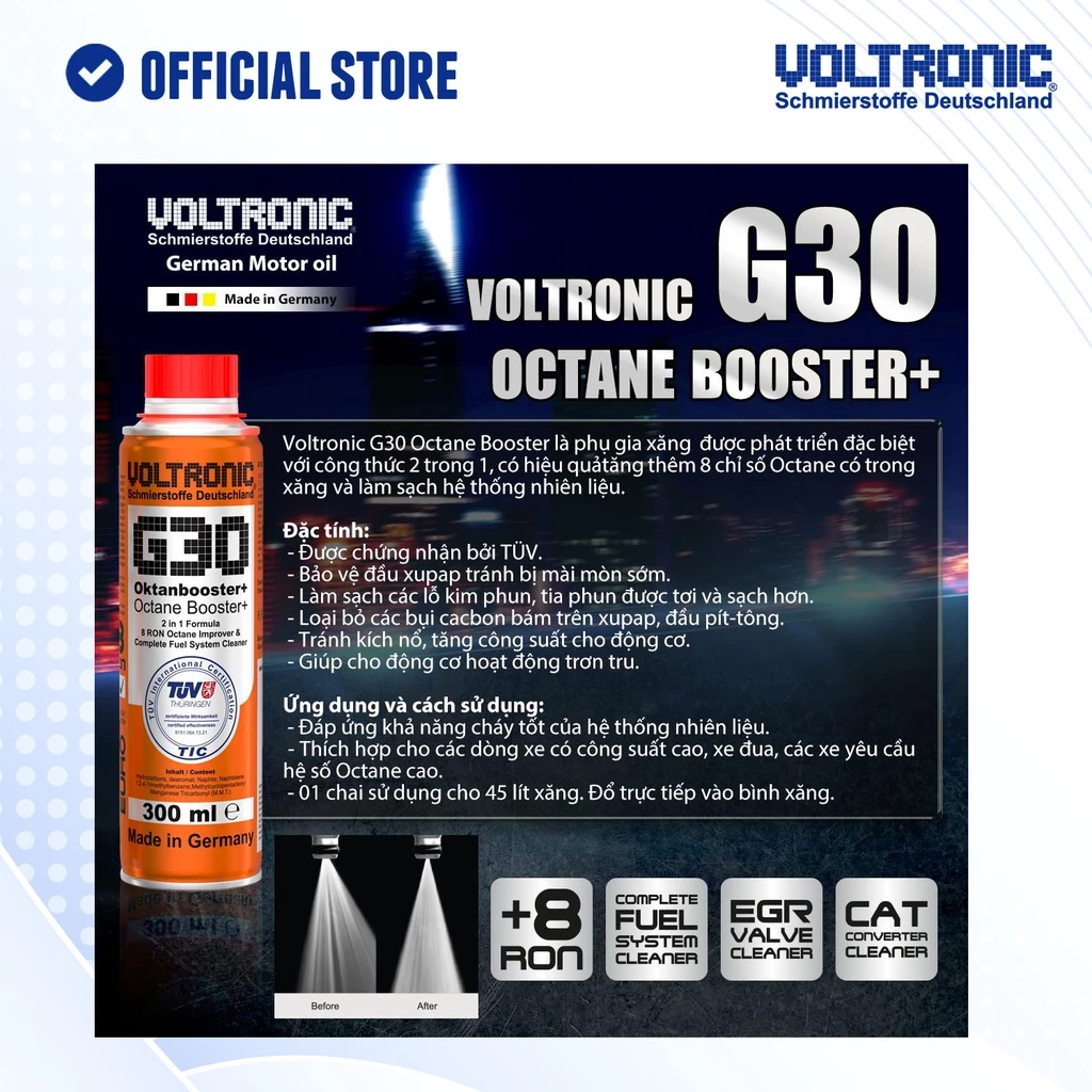 Phụ gia vệ sinh hệ thống xăng và tăng octane nhập khẩu đức VOLTRONIC g30 octane booster - 3