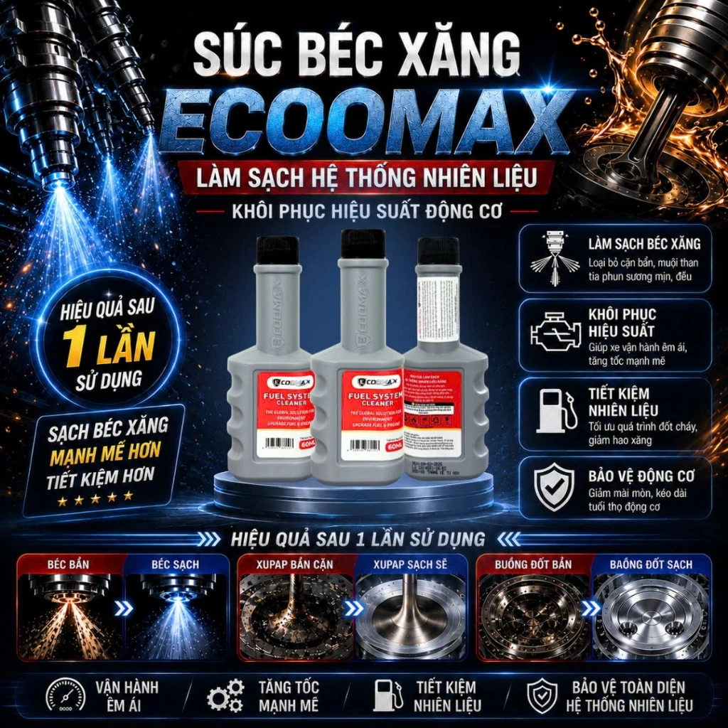 Phụ Gia Súc Béc Xăng ECOOMAX FUEL SYSTEM CLEANER Làm Sạch Buồng Đốt Cho Xe Máy - Làm Sạch Cặn Cacbon Buồng Đốt Kim Phun