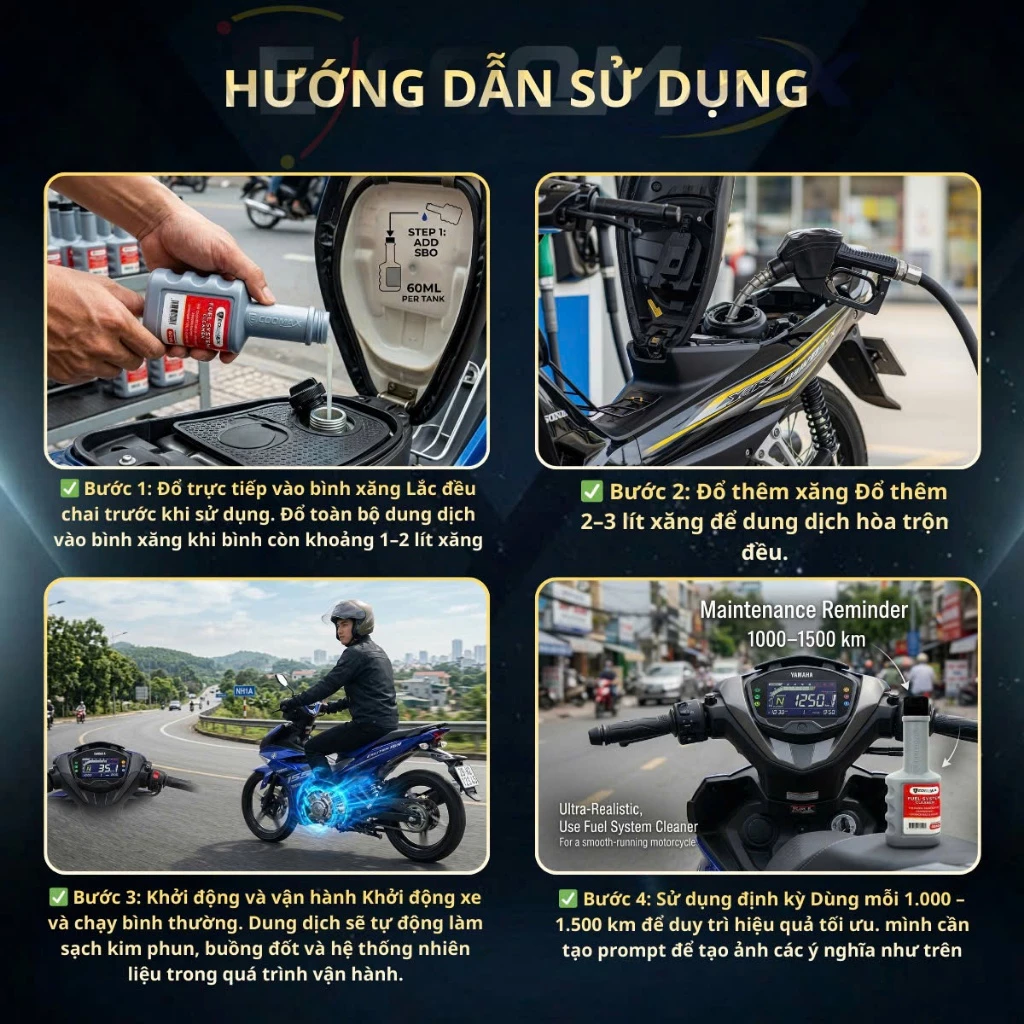 Phụ Gia Súc Béc Xăng ECOOMAX FUEL SYSTEM CLEANER Làm Sạch Buồng Đốt Cho Xe Máy - Làm Sạch Cặn Cacbon Buồng Đốt Kim Phun - 3