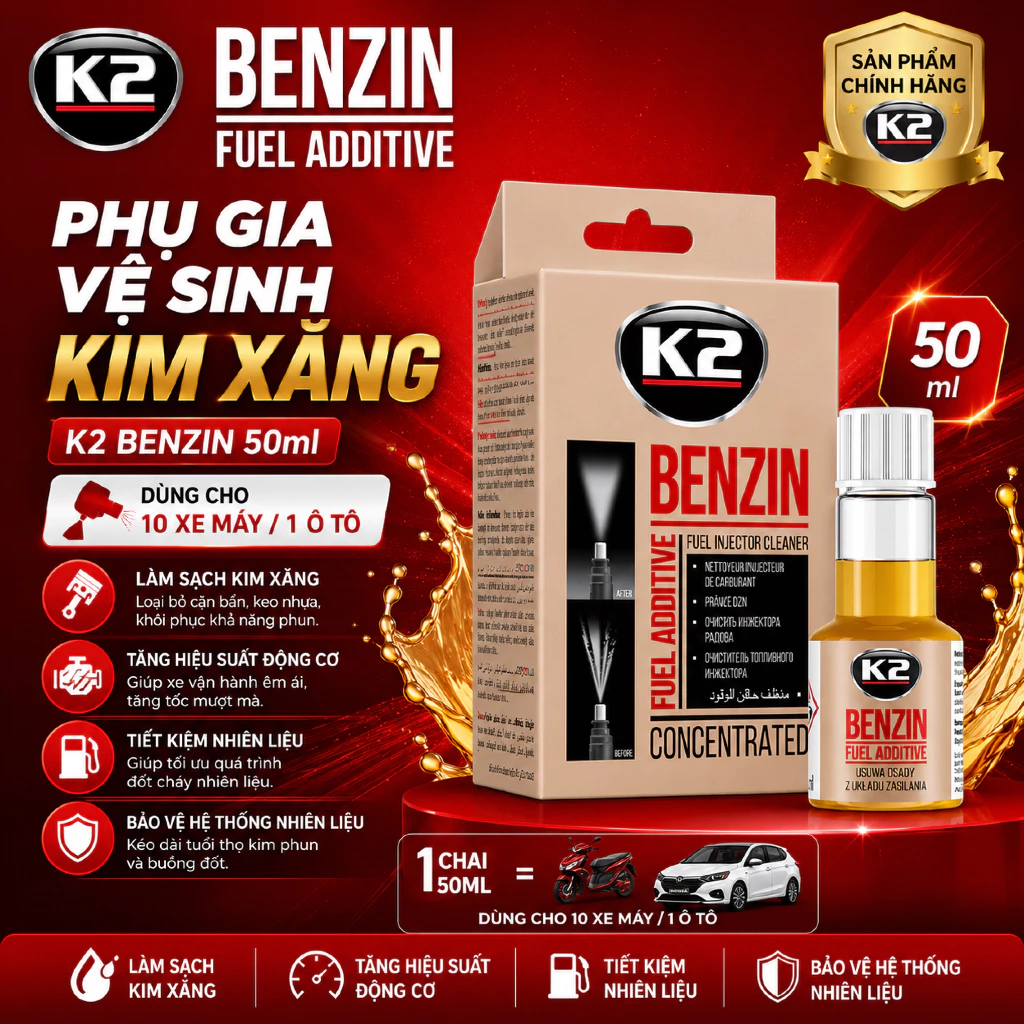 Phụ Gia Vệ Sinh Kim Xăng ( Dùng Cho 10 Xe Máy / 1 Ô Tô ) - K2 Benzin 50ml