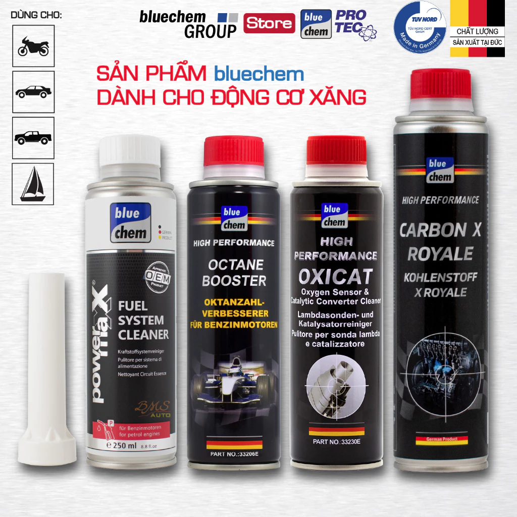 Phụ gia bluechem dành cho máy Xăng - Vệ sinh nhiên liệu, kim phun, buồng đốt, cảm biến Oxy, bầu xúc tác khí thải