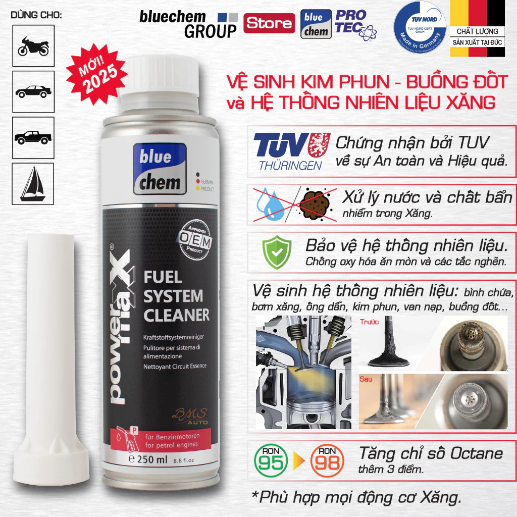 Phụ gia bluechem dành cho máy Xăng - Vệ sinh nhiên liệu, kim phun, buồng đốt, cảm biến Oxy, bầu xúc tác khí thải - 2