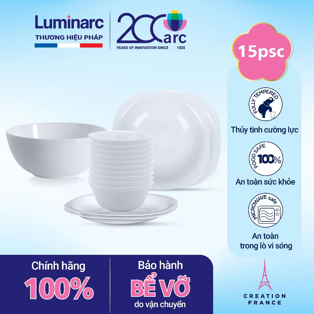 [Hàng Pháp] Bộ bát đĩa (bộ tô,chén,dĩa) thủy tinh Luminarc Carine 15 món CR15C, thủy tinh không chì