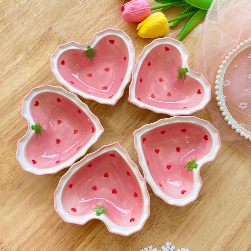 Set Chén dĩa sứ Bát ăn cơm Đĩa sứ Dễ thương Decor Bộ dâu hồng trang trí món ăn cực đẹp. - 5