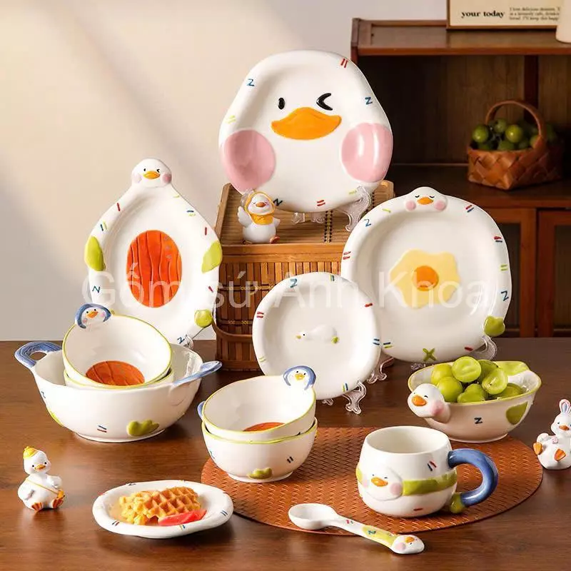 Bát Đĩa Gốm Sứ Decor, Bát Ăn Cơm, Bát Ăn Chè, Chén Dĩa Dễ Thương Bộ Bát Đĩa Vịt Hoa Cực Đáng yêu Cho Bé Gomsudecor21