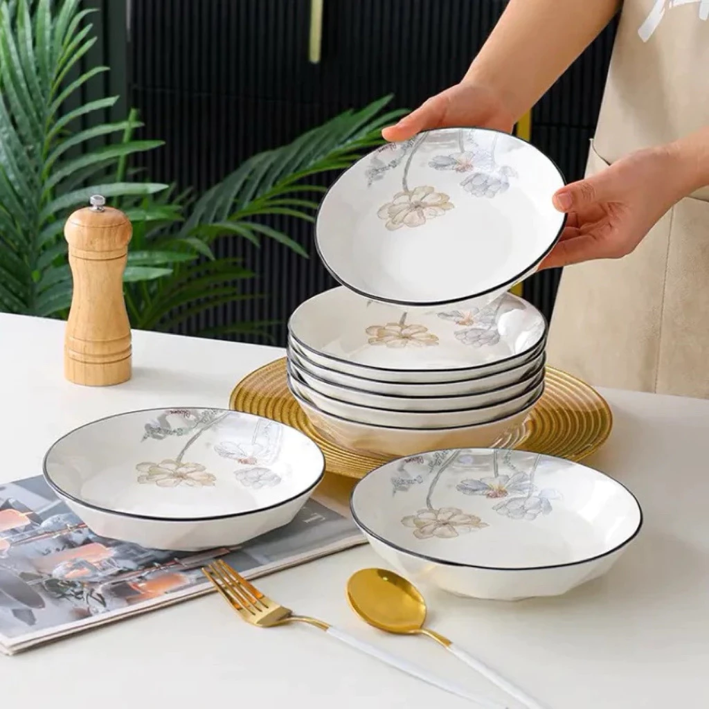 Bát đĩa kim cương họa tiết hoa cúc 4D gốm sứ ceramic cao cấp Chén dĩa kim cương sứ trắng dày dặn - 3