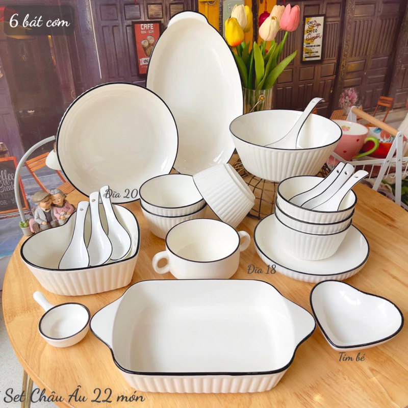 Bát Đĩa Gốm Sứ Decor, Bát Ăn Cơm, Bát Ăn Chè, Chén Dĩa Dễ Thương Sét Bát Đĩa Châu Âu màu Trắng Xinh Yêu