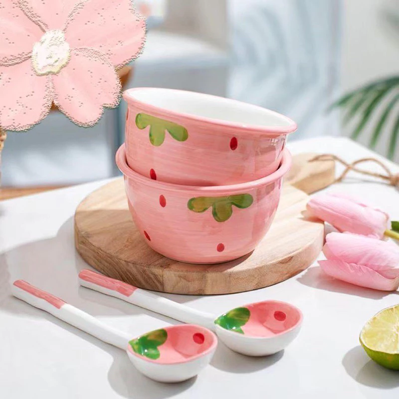 Bát Ăn Cơm Bát Chè Đĩa Sứ Chén Dĩa Sứ Dễ Thương Cute Decor Cao Cấp dáng vuông tròn xinh yêu Họa Tiết Dâu Tây - 4