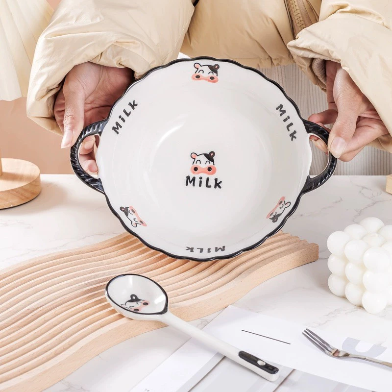 Bộ chén , bát , dĩa, thố canh , khay đựng thức ăn họa tiết bò sữa mới sử dụng trong gia đình - Sh Gốm sứ - 3