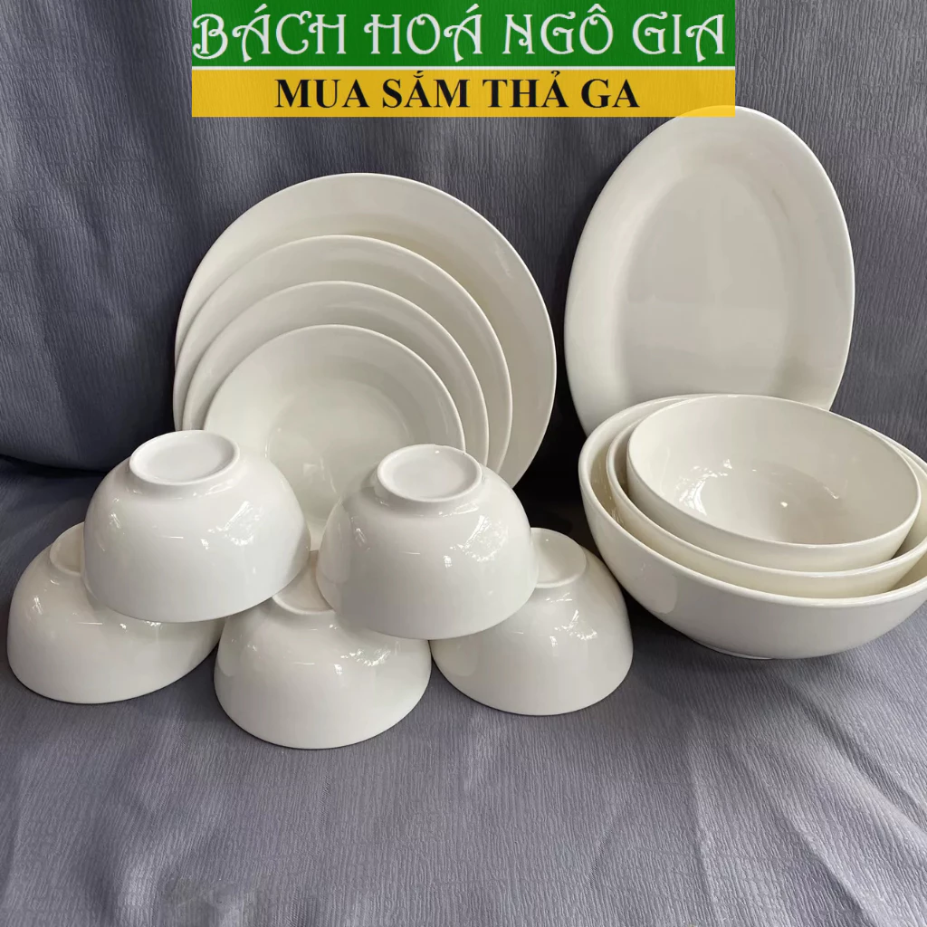 BỘ 13 món TÔ CHÉN DĨA TRẮNG DÀY gốm sứ dùng cho quán ăn, gia đình