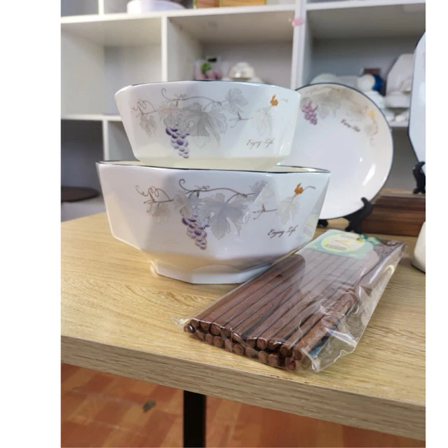 Bát đĩa kim cương họa tiết hoa cúc 4D gốm sứ ceramic cao cấp Chén dĩa kim cương sứ trắng dày dặn - 5