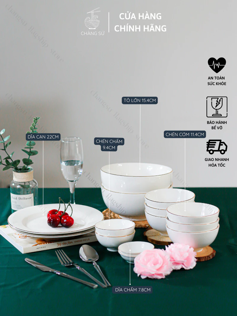 Set bát đĩa ăn cơm 14 món sứ trắng viền vàng sang trọng - Bộ chén dĩa kẻ vàng thật 12k sứ Minh Châu - Vỡ 1 đổi 1 - 4
