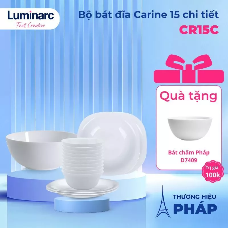 [Hàng Pháp] Bộ bát đĩa (bộ tô,chén,dĩa) thủy tinh Luminarc Carine 15 món CR15C, thủy tinh không chì