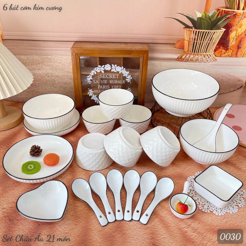 Bát Đĩa Gốm Sứ Decor, Bát Ăn Cơm, Bát Ăn Chè, Chén Dĩa Dễ Thương Sét Bát Đĩa Châu Âu màu Trắng Xinh Yêu - 3