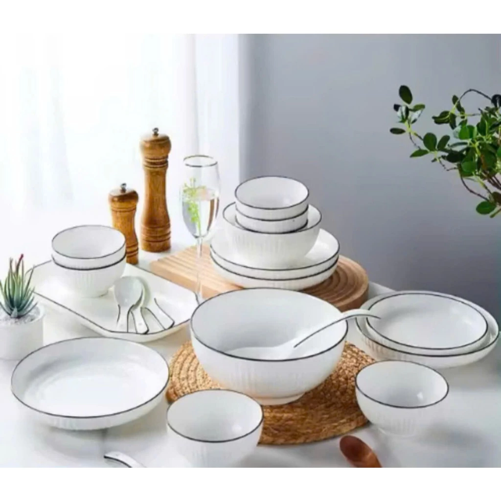 ̣(mua 8 tặng 1 cùng loại) tô chén dĩa sứ trắng sọc viền chỉ đen nhiều size 11.5cm, 16cm, 18.5cm, 20.5cm, 22cm - 3