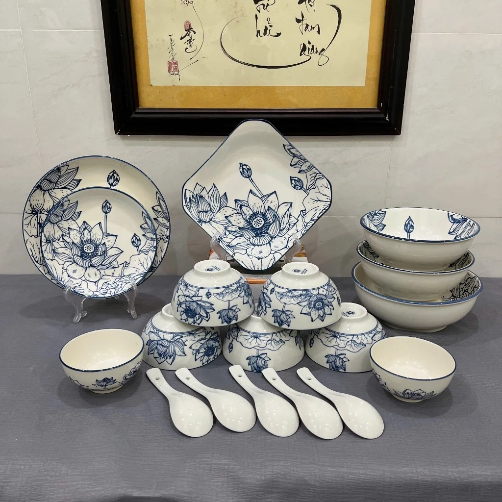 BỘ 18 món HOA SEN gốm sứ tô chén dĩa - Dành cho 5 người(Có 2 loại:18 món Sen Thấp,18 món Sen Vuông)- KHÔNG CÓ HỘP QUÀ
