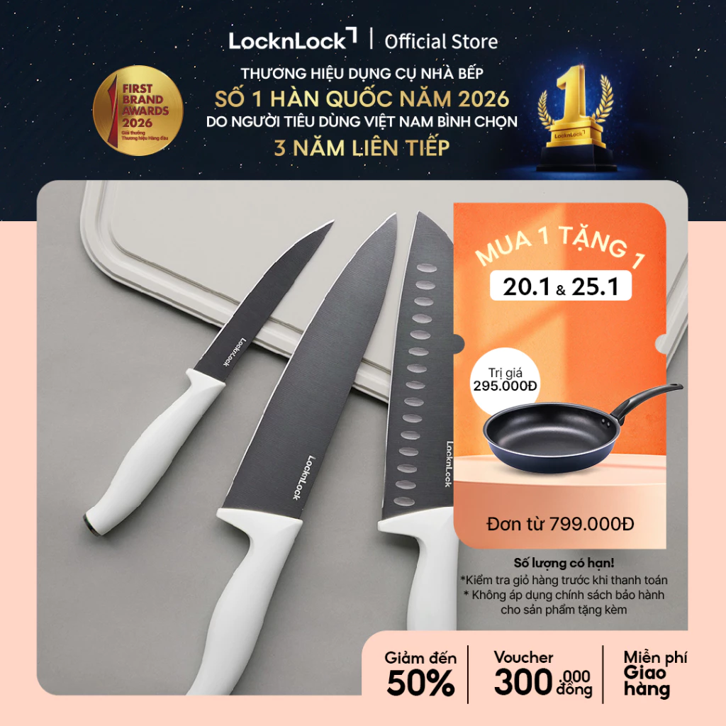 Dao White Edge LockLock bằng thép không gỉ, tay cầm màu trắng CKK926WHT / CKK927WHT / CKK928WHT / CKK929WHT