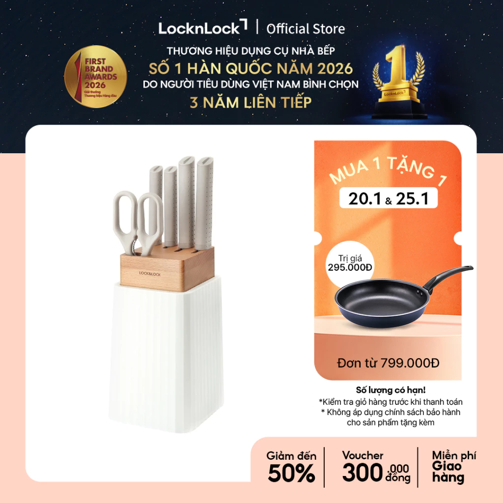 Bộ dao 6 món Lock&Lock (4 dao, 1 kéo, 1 hộp đựng dao) - màu trắng - CKK802