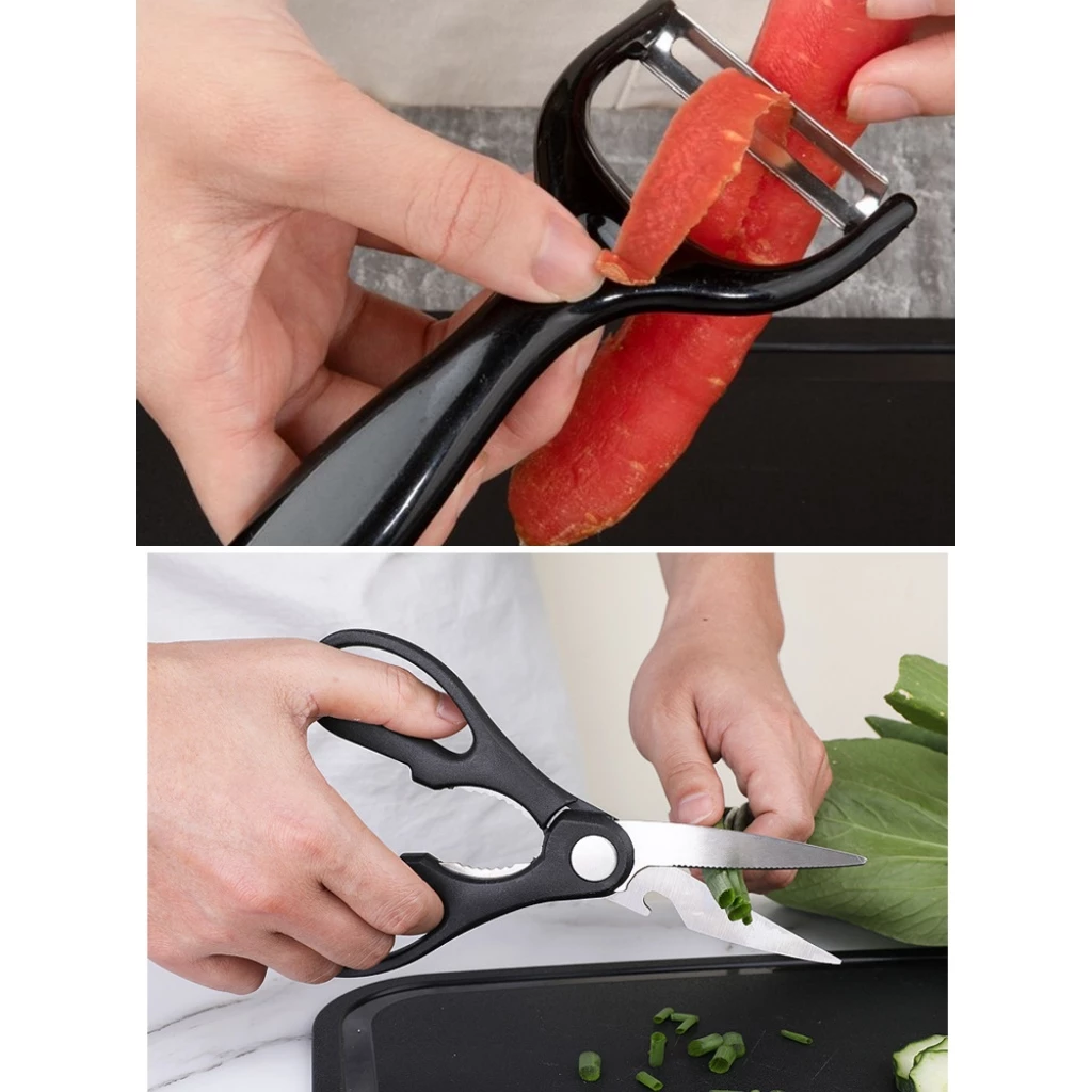 Bộ dao kéo thép đen 7 món có giá đỡ kèm thớt - 3