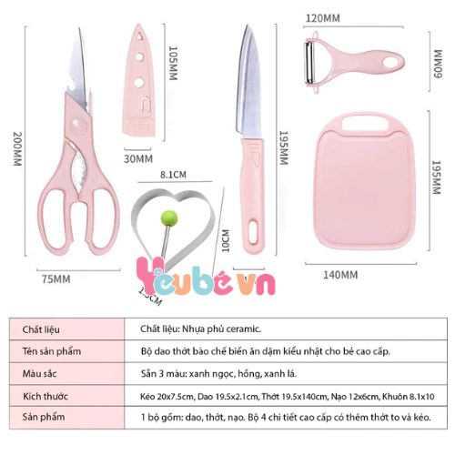 Bộ dao thớt bào chế biến ăn dặm kiểu nhật cho bé cao cấp YEUBEVN thớt dày, gọn tiện lợi