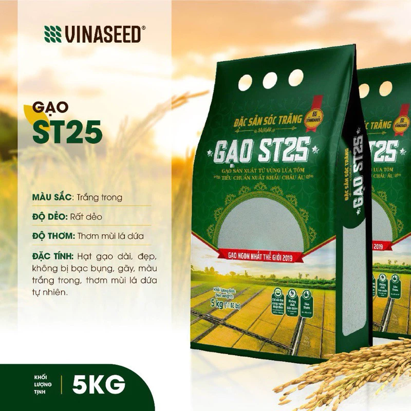 Gạo ST25 Ngon nhất thế giới năm 2019 Vinaseed túi 5kg - Dẻo, thơm, giàu dinh dưỡng