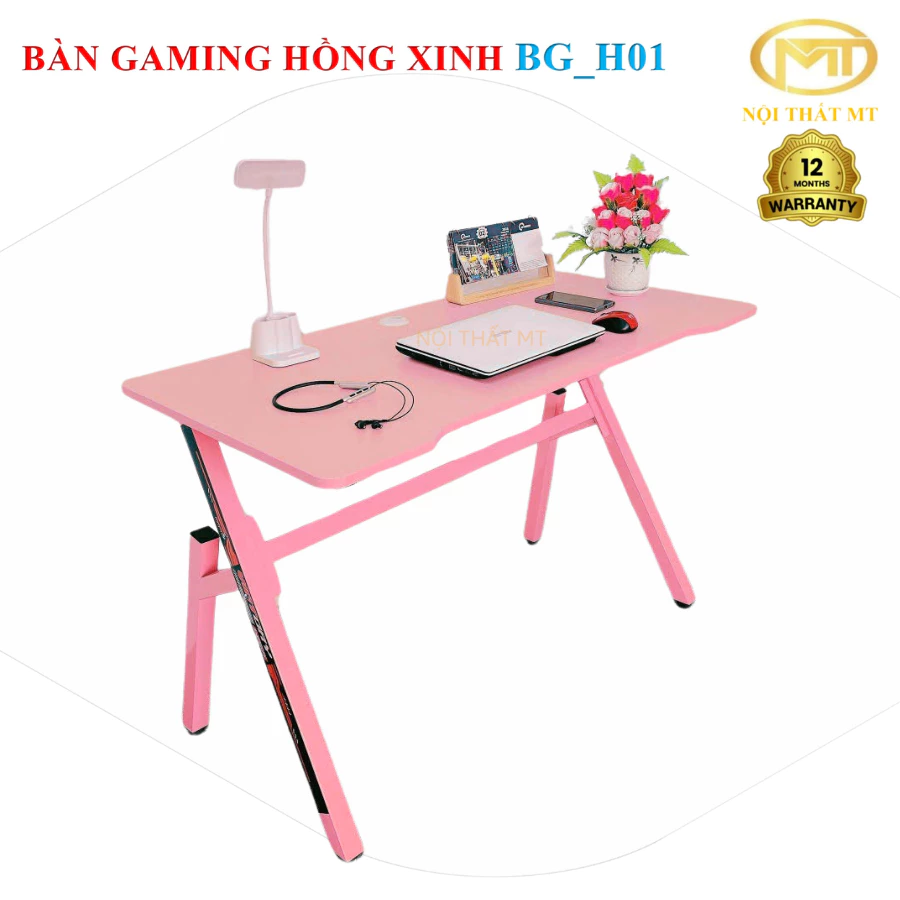 Bàn gaming màu hồng xinh BG_H01. Bàn làm việc, học tập, Gaming, decor chân trắng, hồng