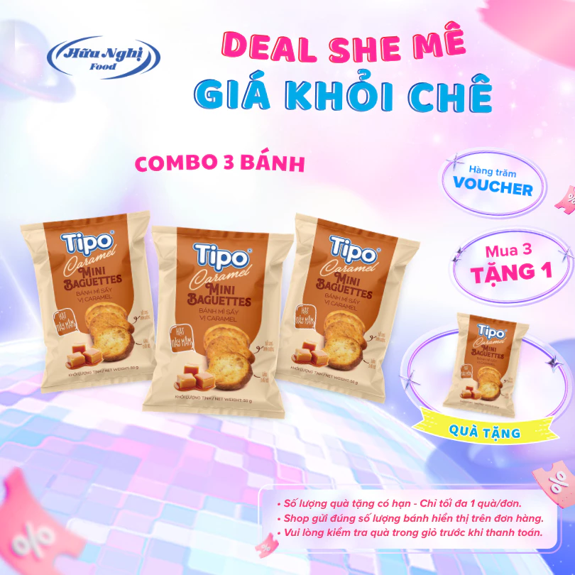 Bánh mì sấy Caramel Tipo 50g Hữu Nghị dinh dưỡng, ngon giòn, ăn vặt tiệnlợi