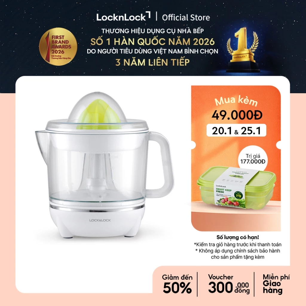 Máy vắt cam, chanh, bưởi, quýt, màu trắng Lock&Lock Citrus Juicer EJJ231 700ml