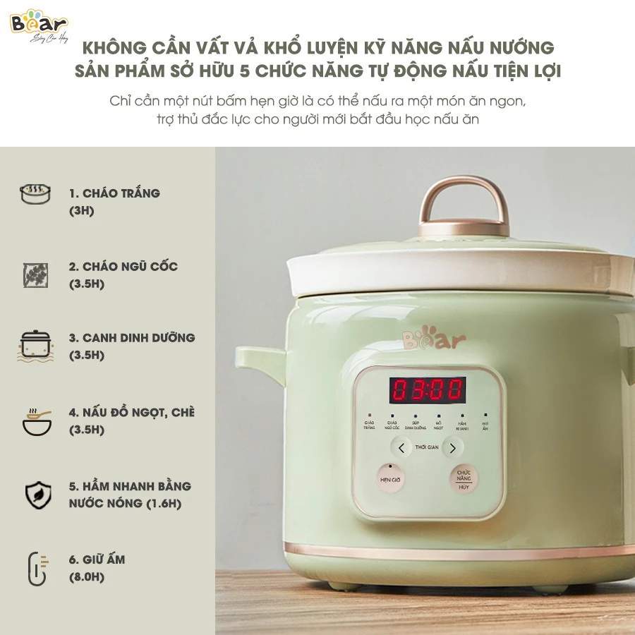 Nồi nấu chậm đa năng Bear SB-NNC20 -2 Lít, 6 chế độ nấu hầm, hẹn giờ rảnh tay, giữ nguyên dưỡng chất - 3