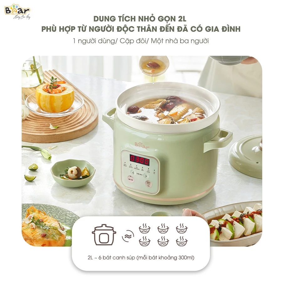 Nồi nấu chậm đa năng Bear SB-NNC20 -2 Lít, 6 chế độ nấu hầm, hẹn giờ rảnh tay, giữ nguyên dưỡng chất - 5