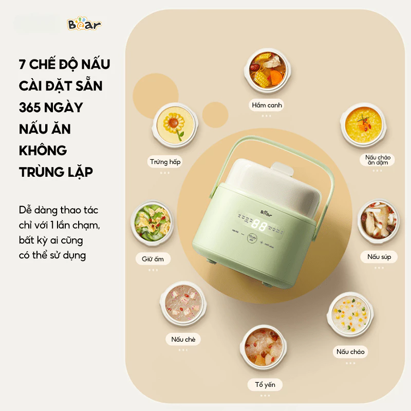 Nồi nấu chậm Bear 1 Lít SC-4H10E - Có xửng hấp, có 7 chế độ ninh, nấu, hầm, hấp (CÓ MÀU XANH/KEM) - 3