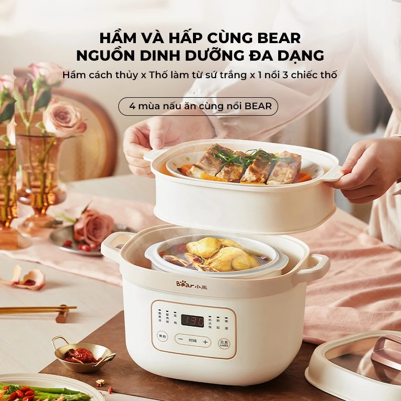 [TẶNG THỐ 0.8L] Nồi nấu chậm Bear 1.6L DDZ-D16C1, Kèm Lồng Hấp nấu cháo, ninh, hầm hẹn giờ,giữ nhiệt - 2